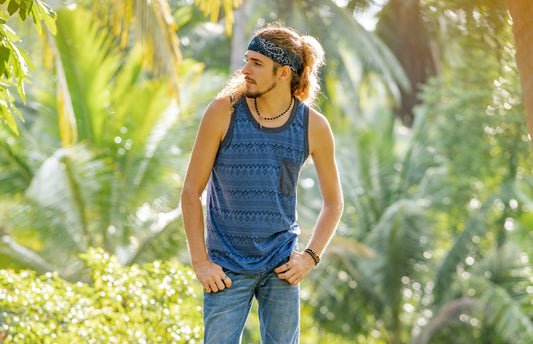 blue patterned tank top with chest pocket for men