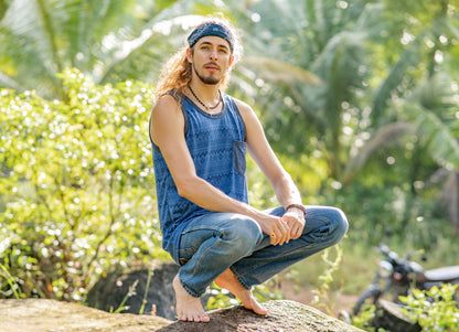 blue patterned tank top with chest pocket for men