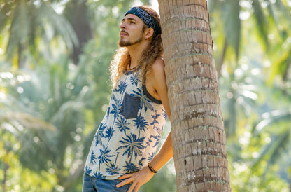 Tank top for men with chest pocket with palm trees in gray blue
