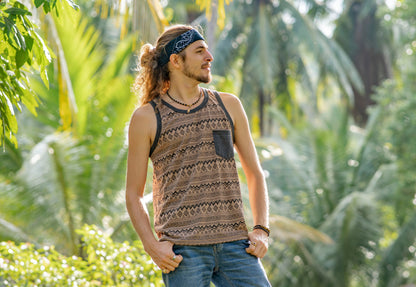 brown patterned tank top for men with chest pocket