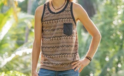 brown patterned tank top for men with chest pocket