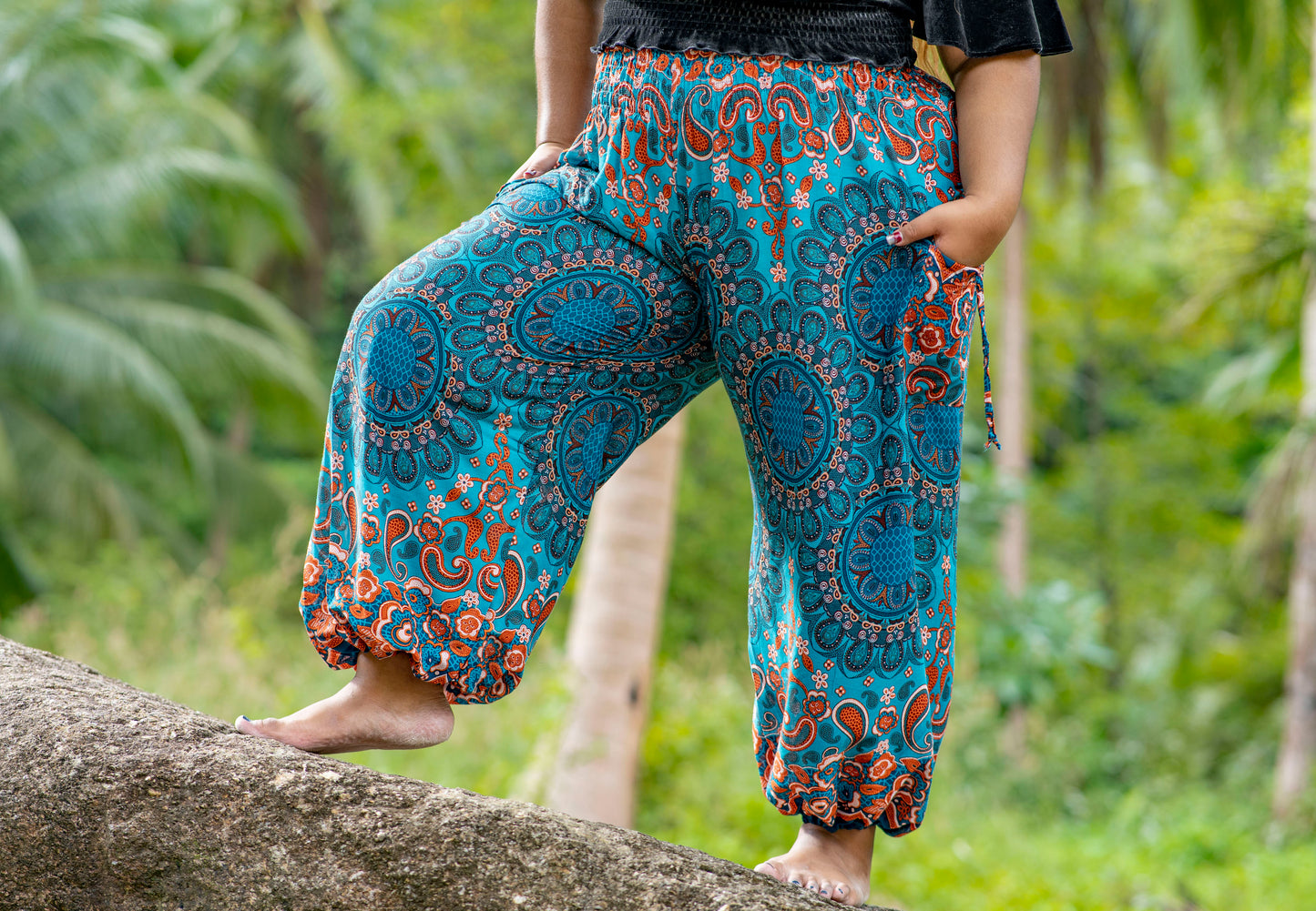 PLUS SIZE patterned harem pants with pockets in turquoise orange 