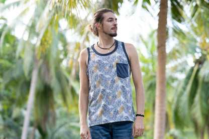 Tank top for men with chest pocket with palm trees