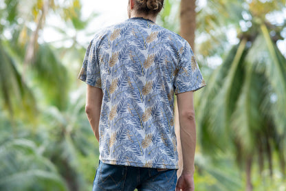 Patterned T-shirt for men in gray blue beige with palm tree print