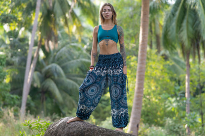 Harem pants with mandala pattern in blue and white