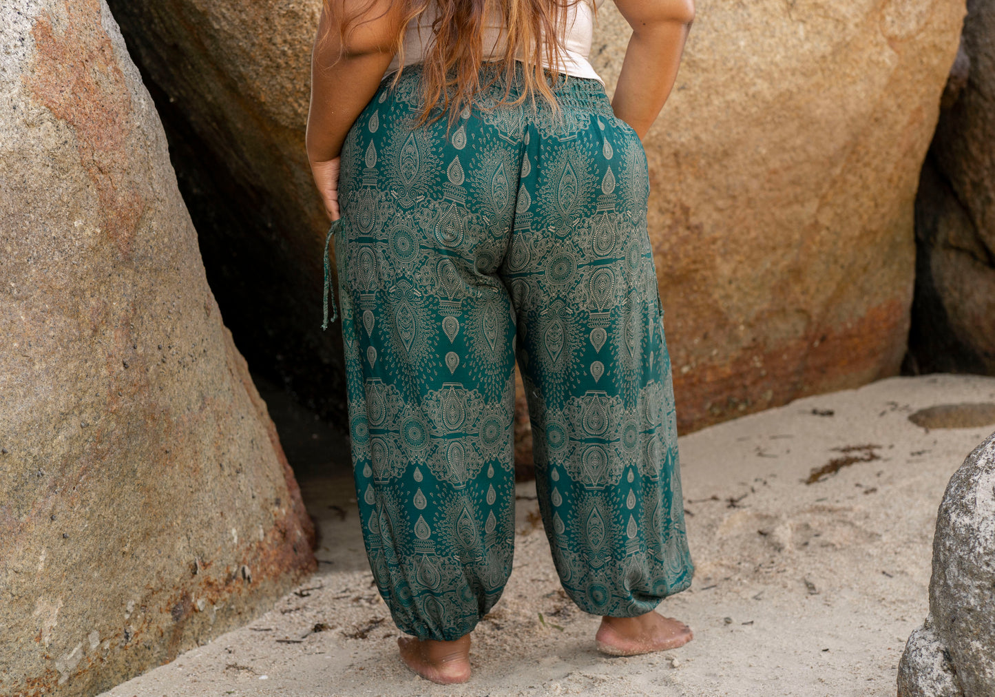 PLUS SIZE harem pants with a delicate pattern in turquoise