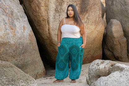PLUS SIZE airy harem pants with a mandala pattern in blue and turquoise tones 