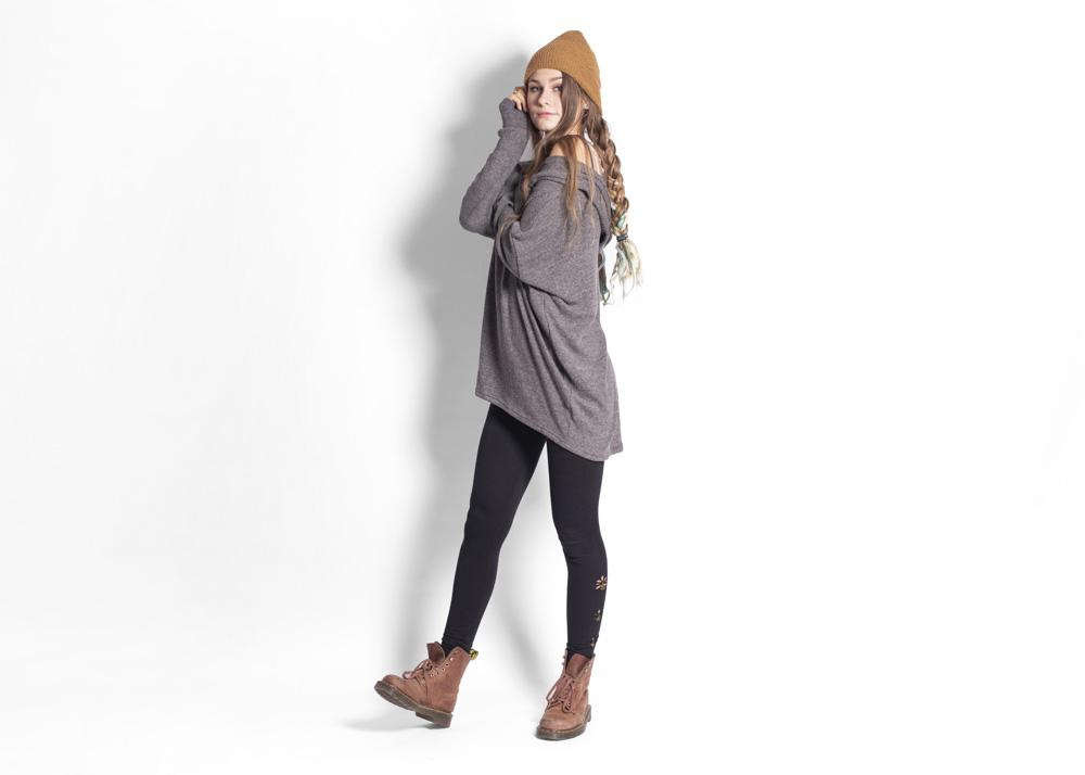 long, plain-colored knitted sweater with a large hood and thumbholes in gray 