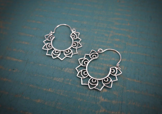 floral patterned silver hoop earrings