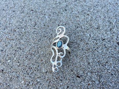 Ornate silver ring with spirals and labradorite stone 