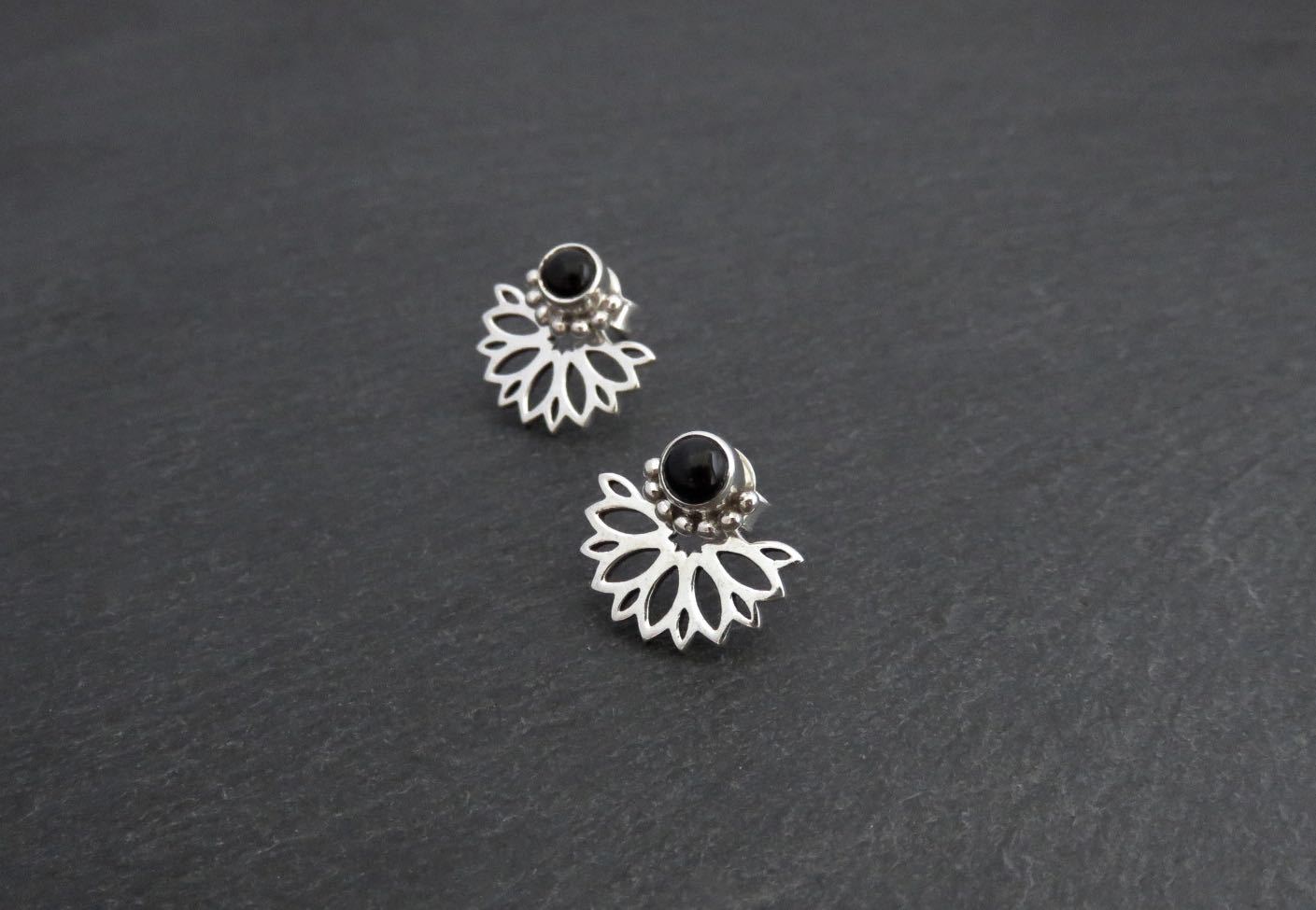 Front back stud earrings with black onyx stone made of silver 