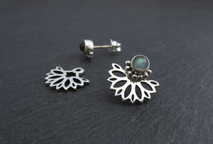 Front back stud earrings made of silver with labradorite stone 