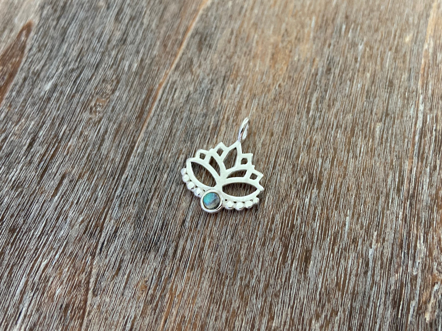 Lotus flower pendant with labradorite stone and silver dots 