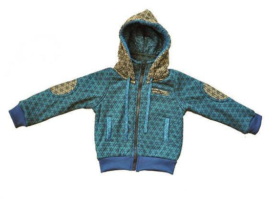 Lined patchwork jacket with hood for children in turquoise/green 