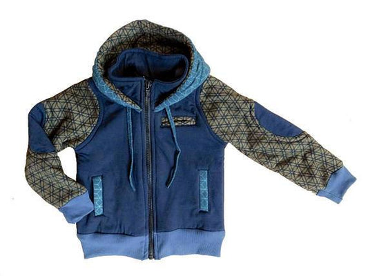 Lined patchwork jacket with hood for children in blue/green 