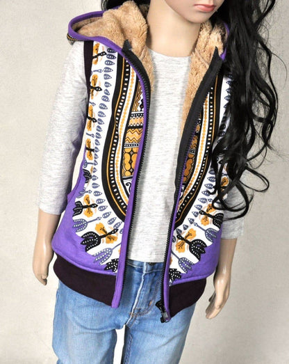 cuddly lined hooded vest for children in purple 