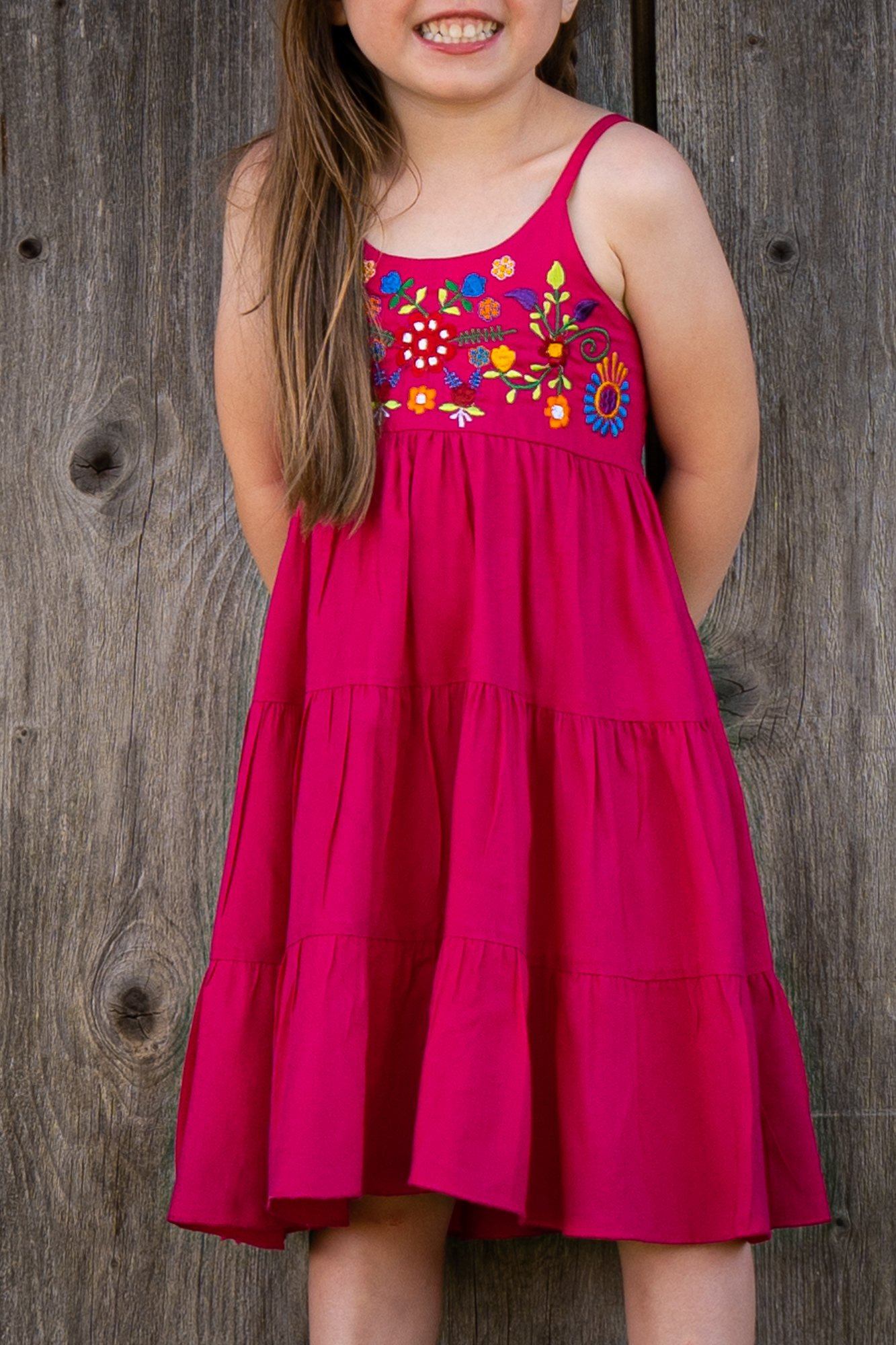 colorful embroidered floral dress for girls in pink 
