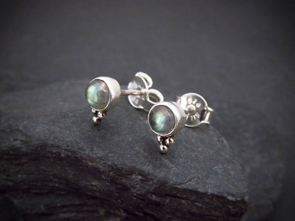 Front back stud earrings with 3 beads silver labradorite 