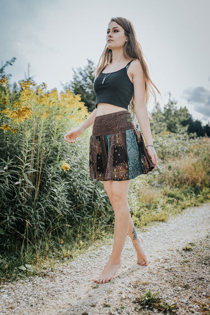 short patchwork skirt brown/turquoise patterned 