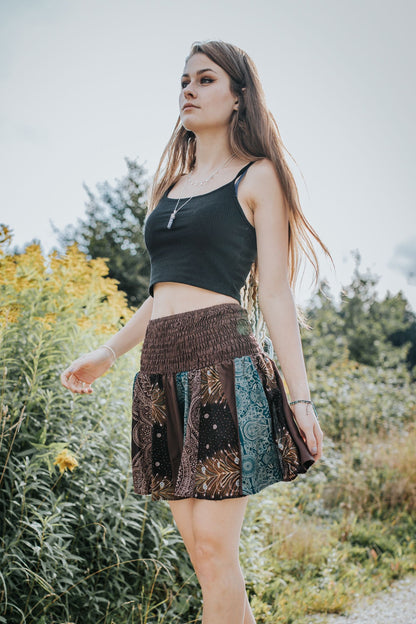 short patchwork skirt brown/turquoise patterned 