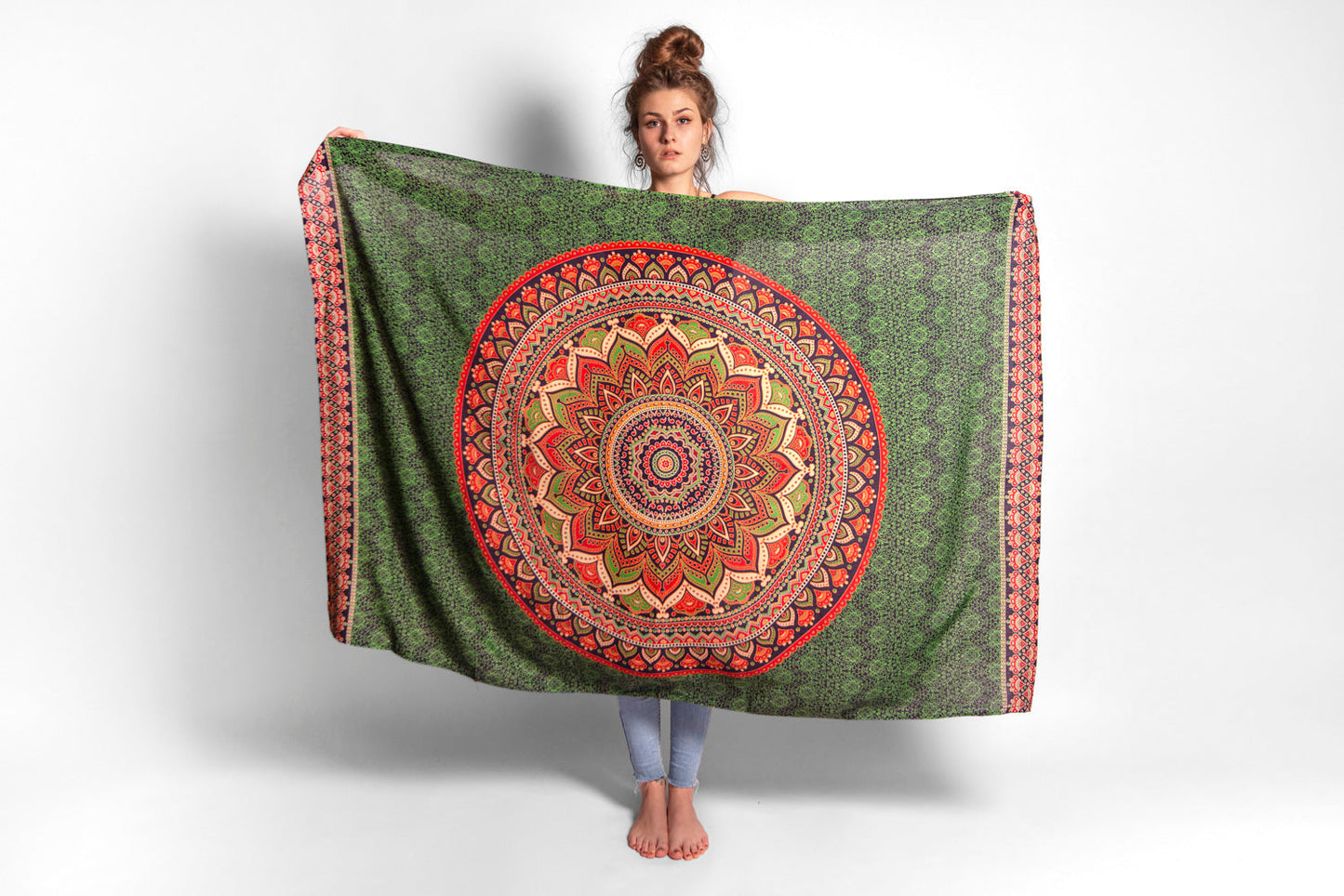 Sarong, beach towel, bath towel with mandala flowers in green/red 