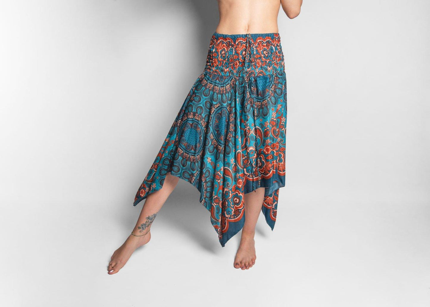 turquoise orange patterned skirt with fringes, summer dress, elf dress, pointed skirt, fringed skirt 