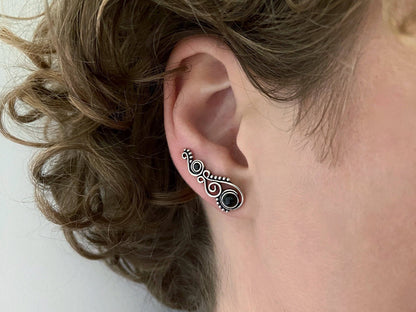 Earclimber earrings with onyx stones made of silver 