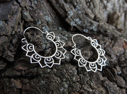 floral patterned silver hoop earrings