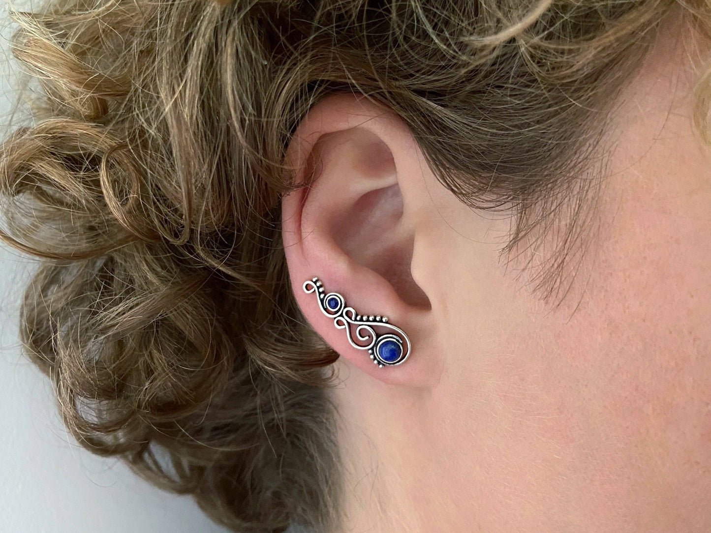 Earclimber earrings with lapis lazuli stones made of silver