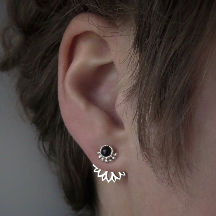 Front back stud earrings with black onyx stone made of silver 