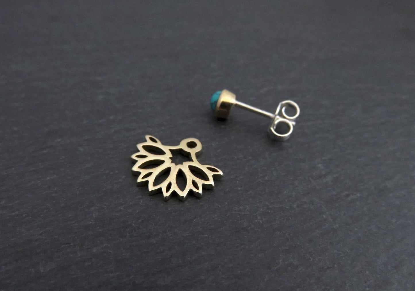 Front back stud earrings made of brass with turquoise stone 