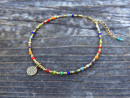colorful anklet with flower of life pendant made of brass 