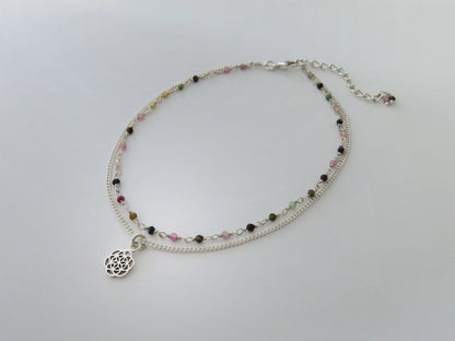 double row silver anklet with small pendant and tourmaline stones 