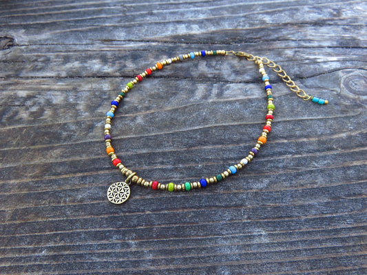 colorful anklet with flower of life pendant made of brass 