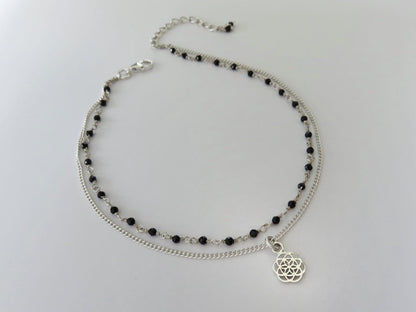 double row silver anklet with small pendant and spinel stones 