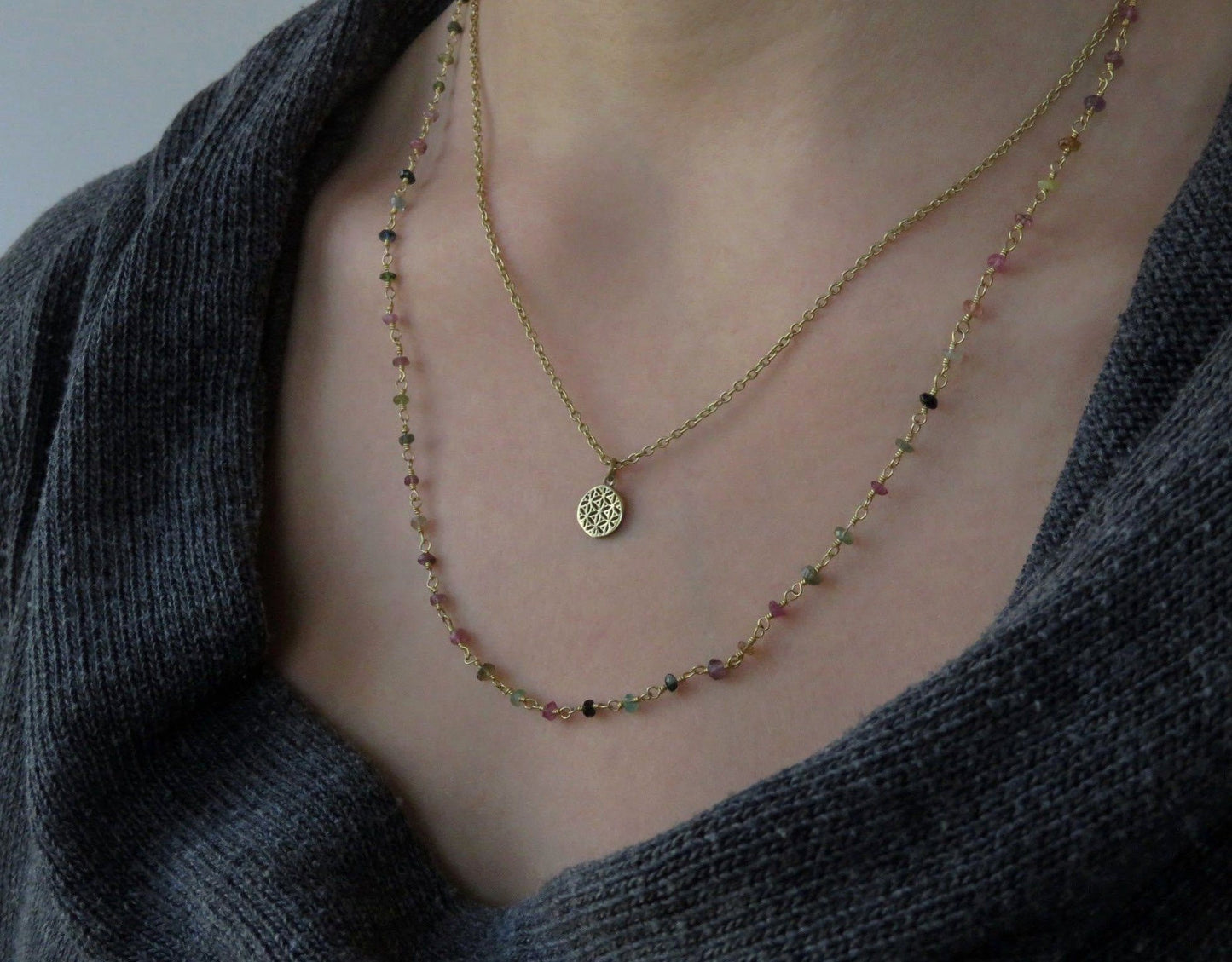 Brass necklace with small tourmaline stones and flowers 