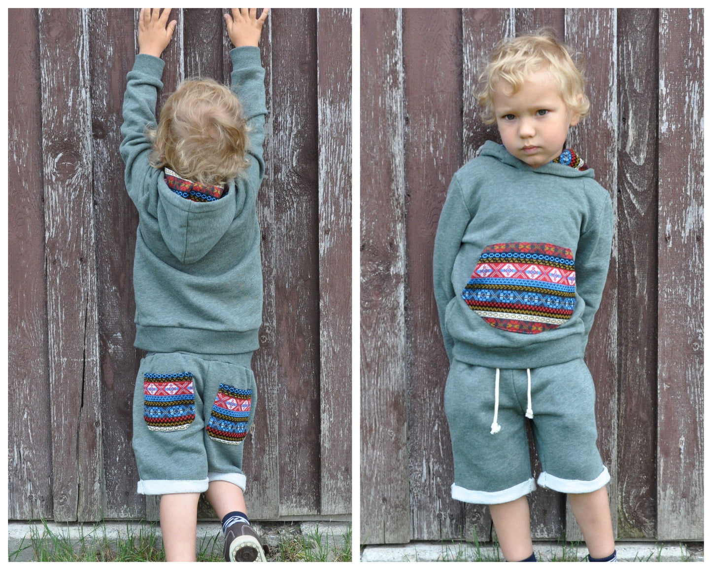 Children's sweater with colorful pocket and green hood lining 