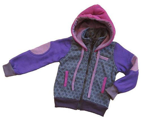 lined patchwork jacket with hood for children in pink/purple 