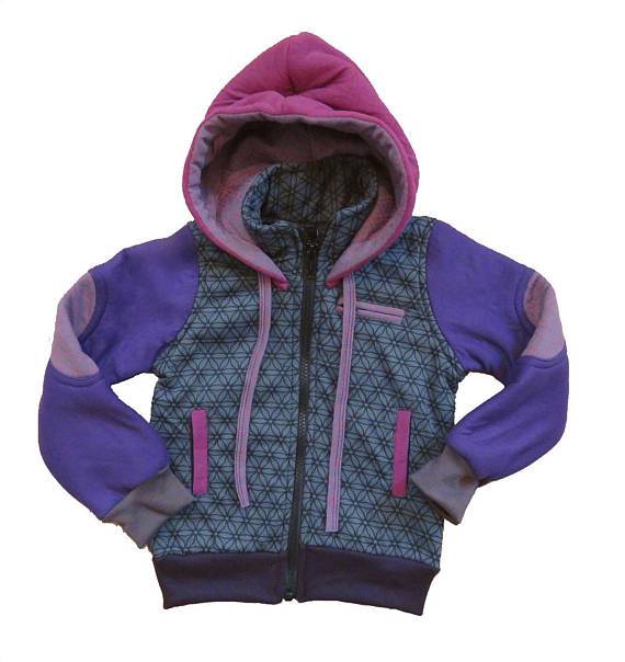 lined patchwork jacket with hood for children in pink/purple 