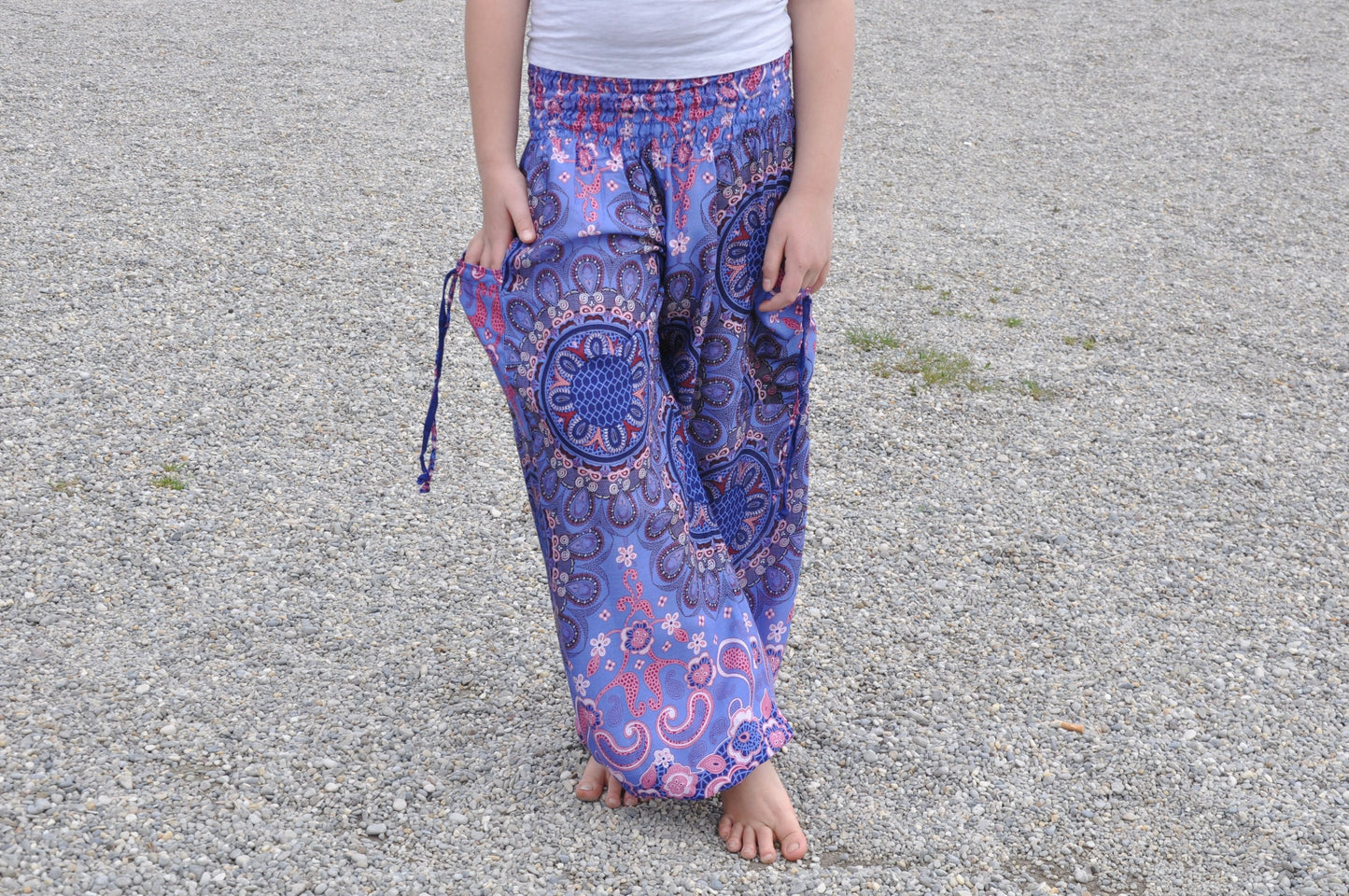 blue pink patterned harem pants for children 