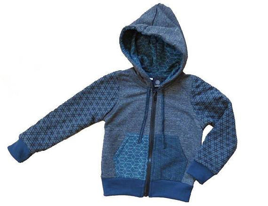 colorful patchwork children's sweater with hood in blue 