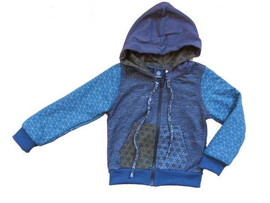 Colorful patchwork children's sweater with hood in blue/green 