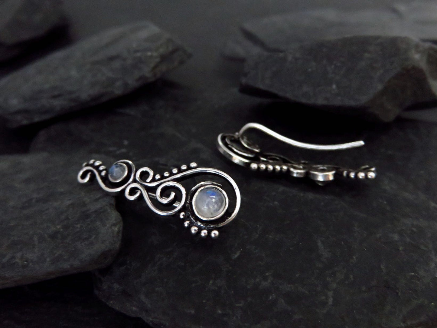 Earclimber earrings with rainbow moonstones made of silver 