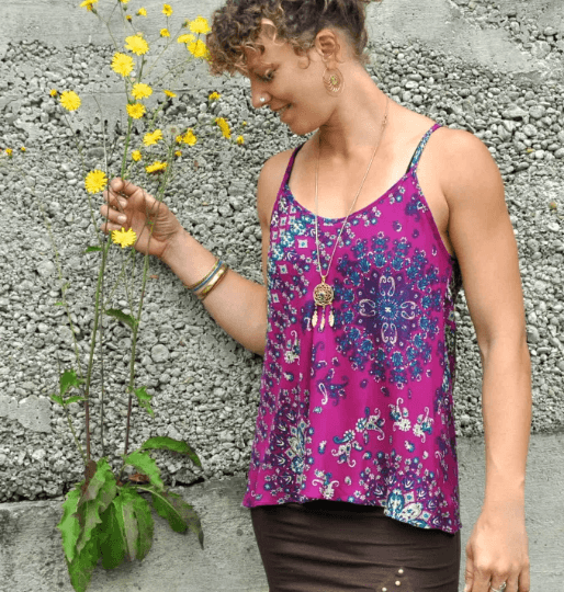 loose summer top with a floral pattern in purple 