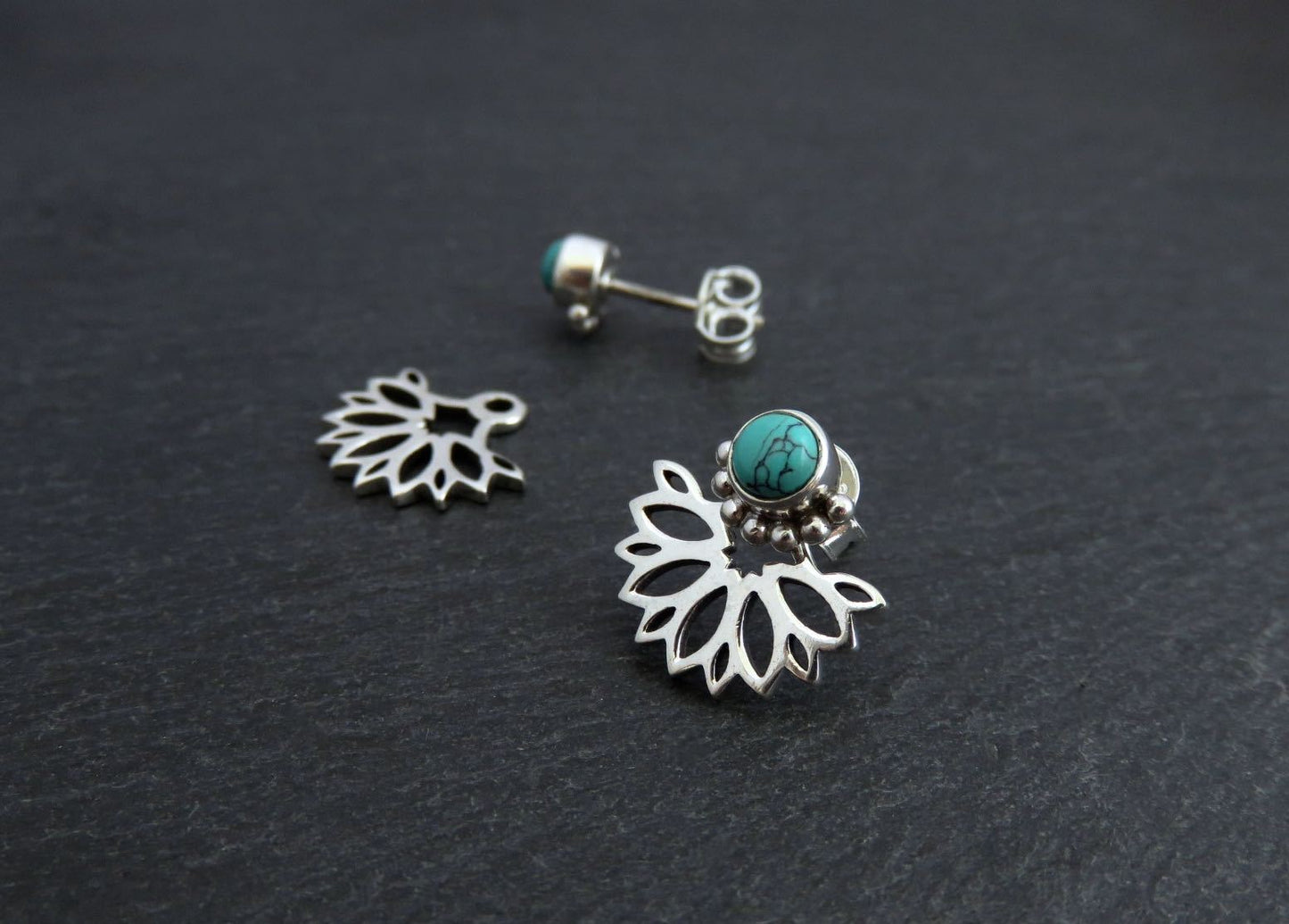 Front back stud earrings made of silver with turquoise stone 