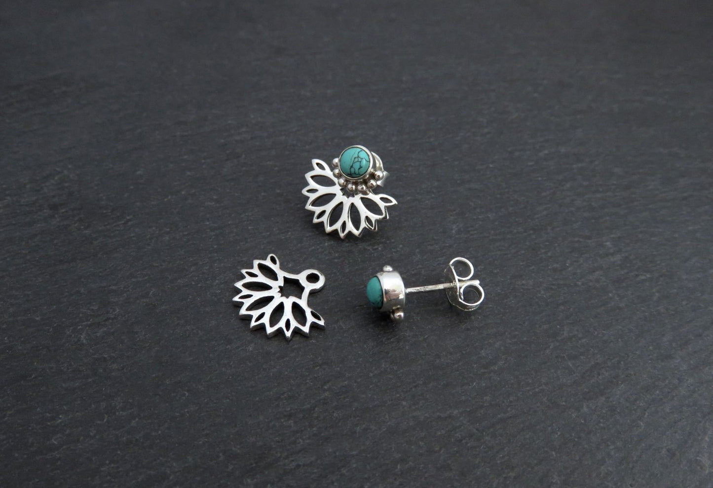 Front back stud earrings made of silver with turquoise stone 