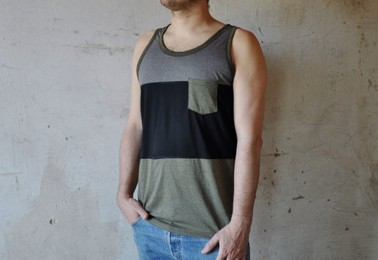 Tri-color tank top with chest pocket for men in olive