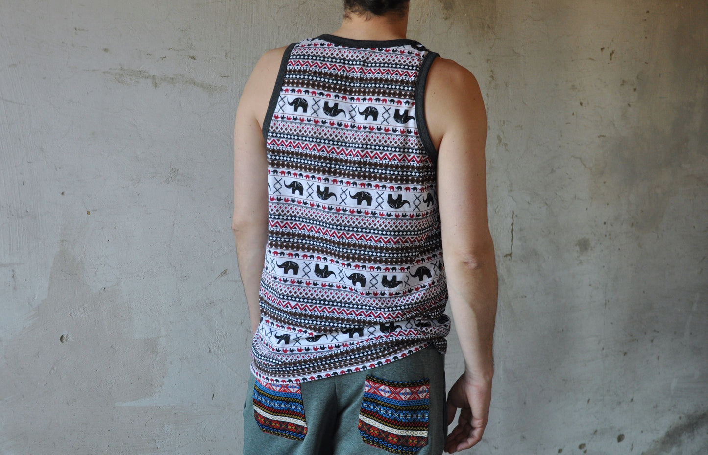 Men's elephant print tank top with chest pocket