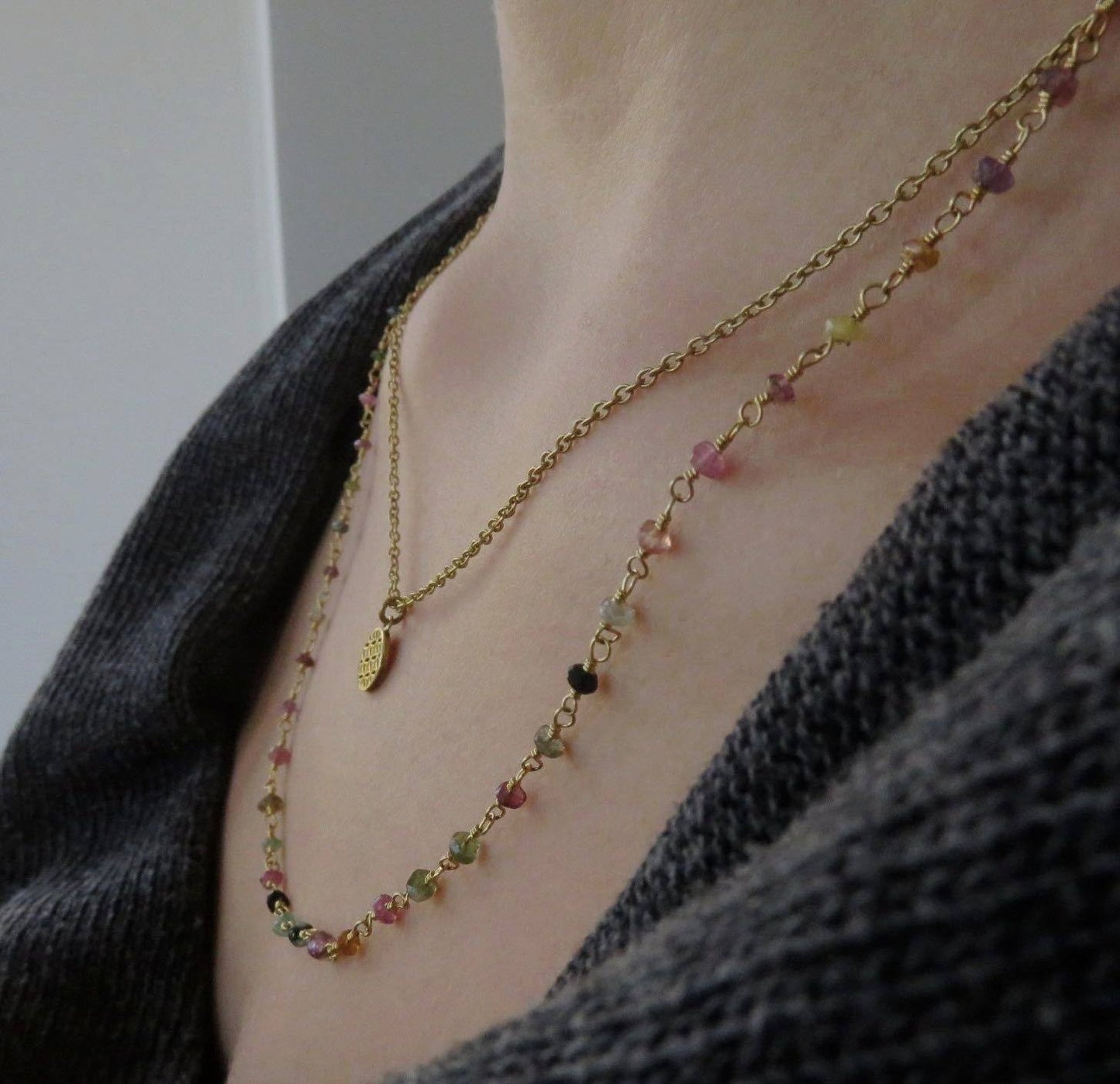 Brass necklace with small tourmaline stones and flowers 